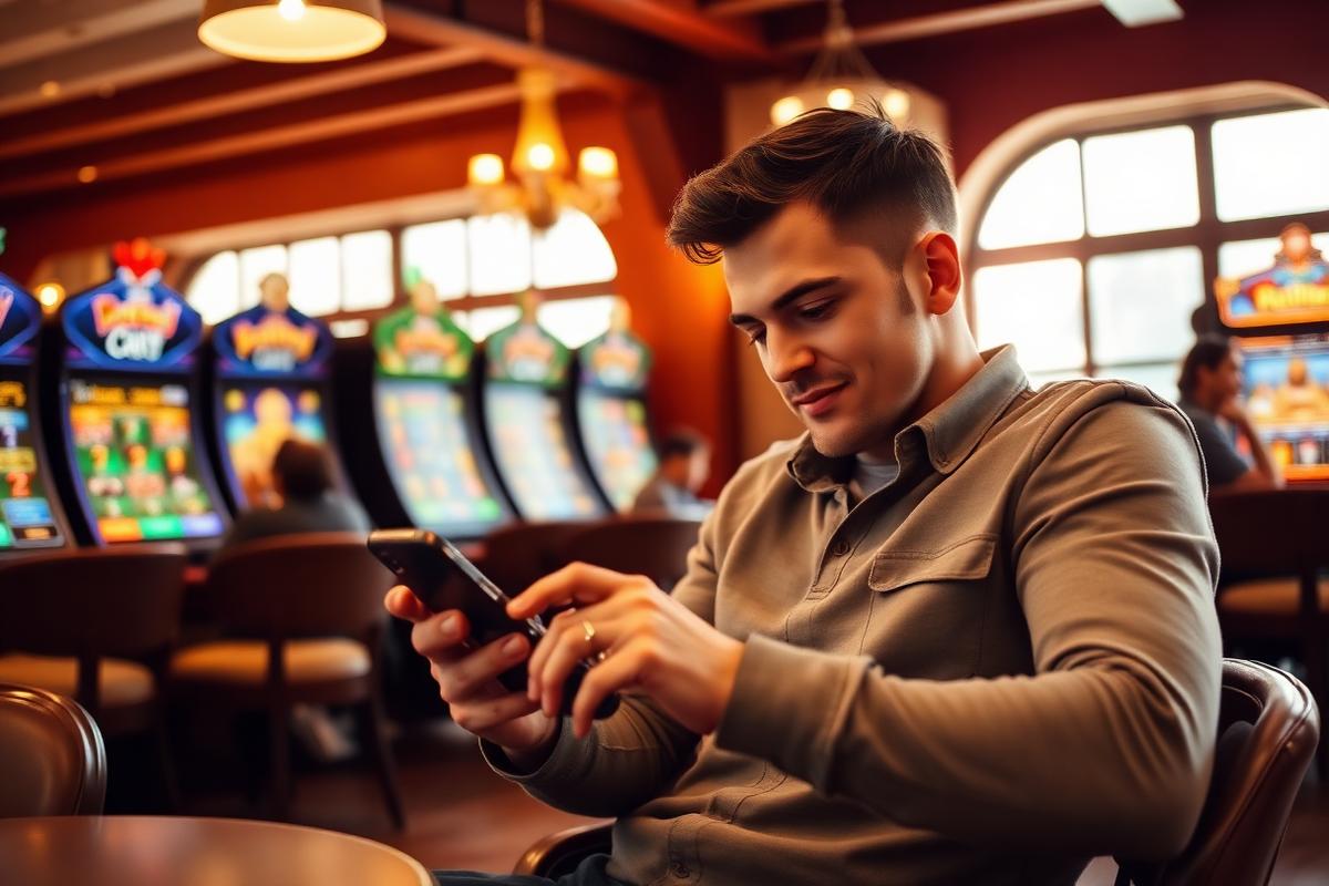 Jugador utilizando móvil en un casino fuera de España desde una cafetería